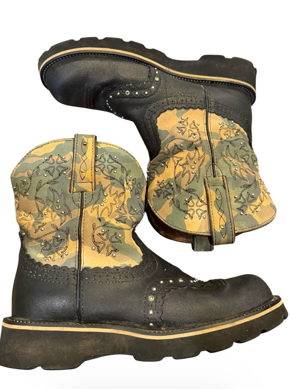 Ariat Fatbaby Western Boots Womens 8.5B Black Camo Floral Studded Leather Cowboy - Picture 10 of 15